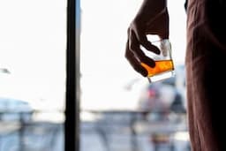 close-up of mans hand holding alcohol while looking out of window